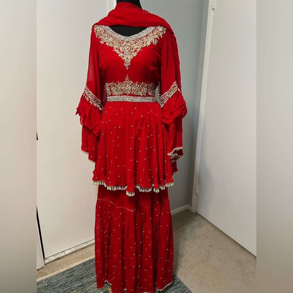 Red Bell Sleeve Sweetheart Gown for Brides